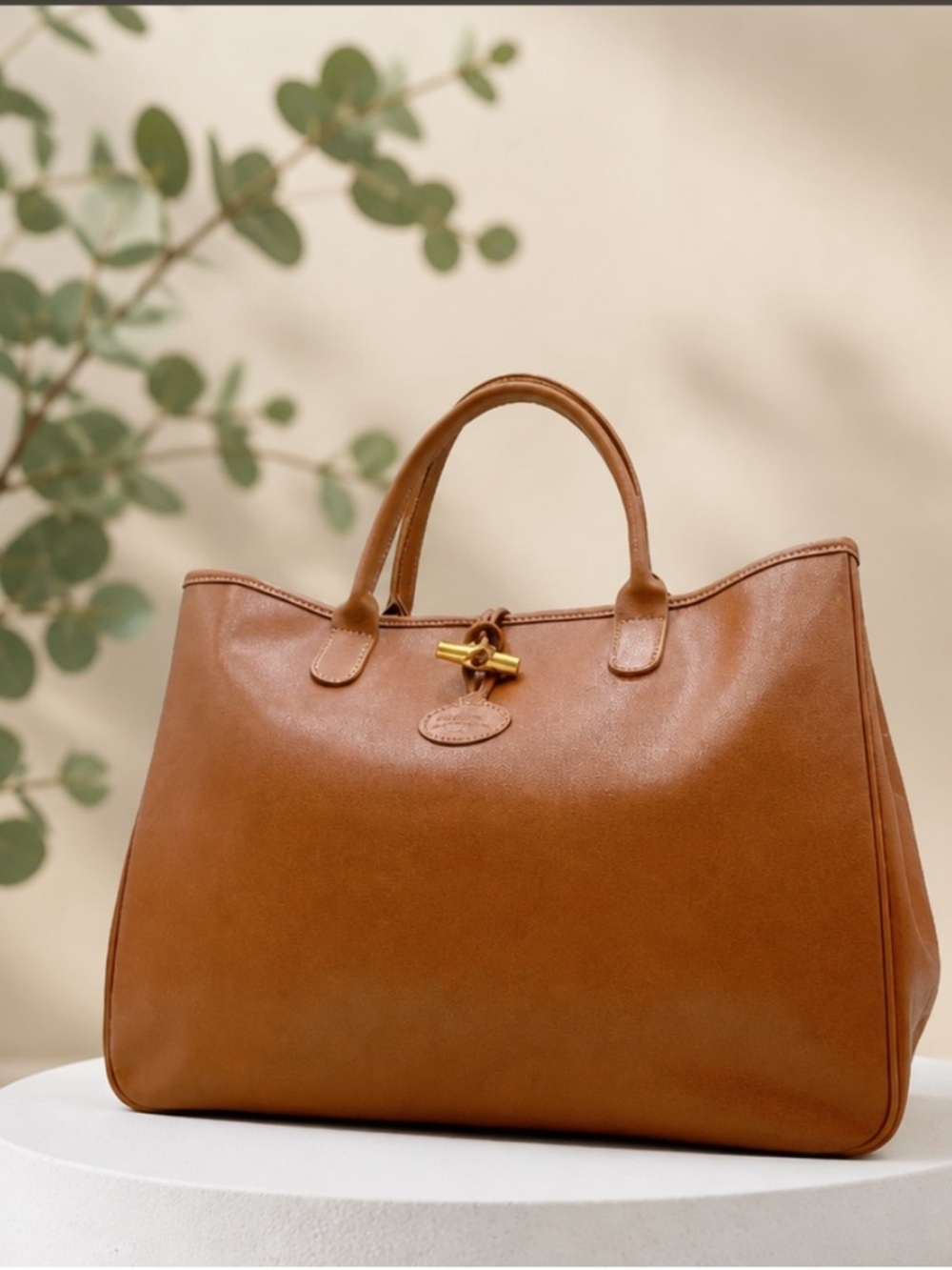 Authentic Longchamp Classic Tan Leather Top-Handle Tote Bag